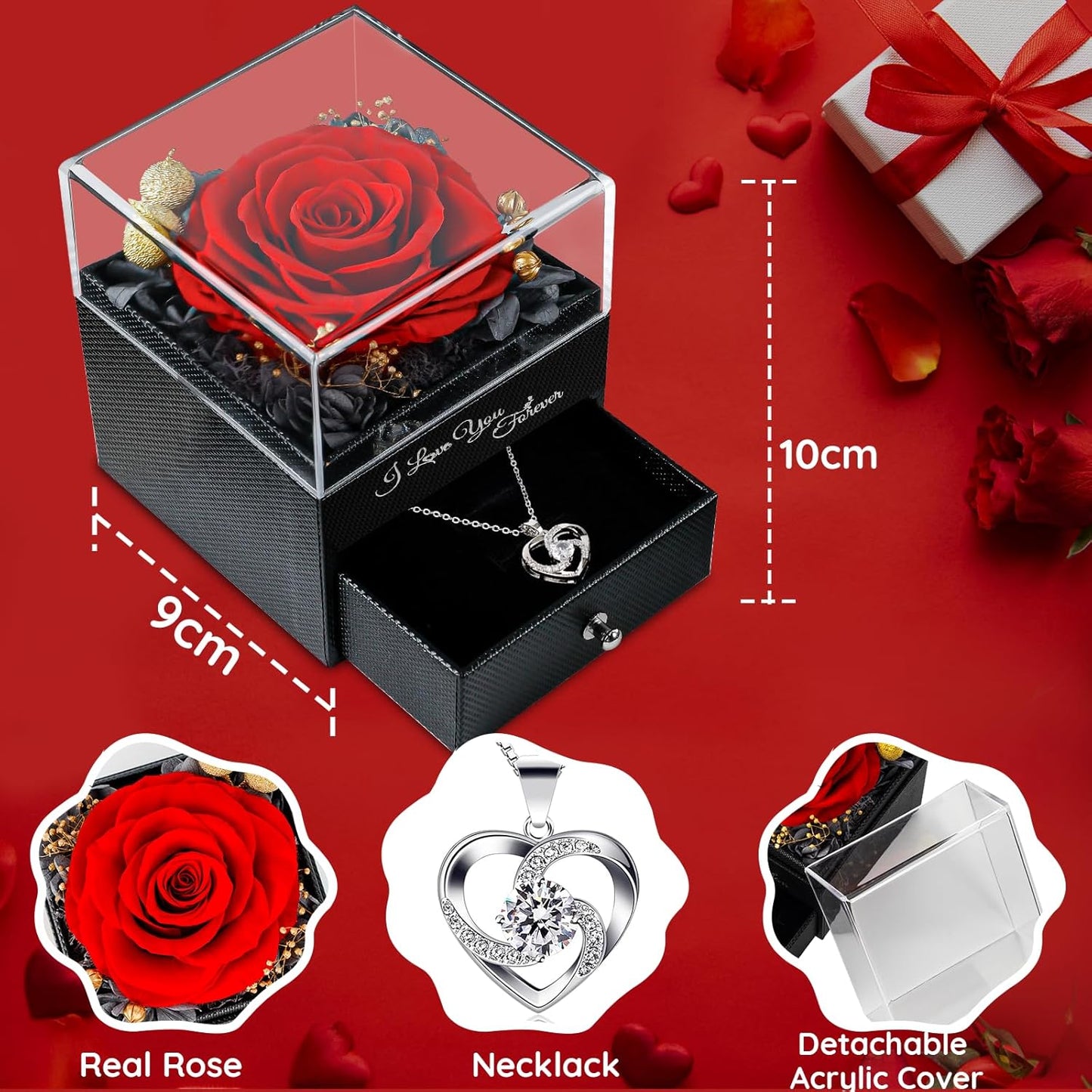 Preserved Red Rose with Necklace